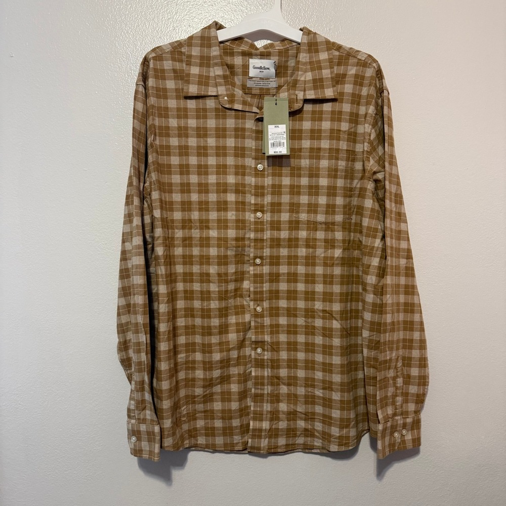 Goodfellow & Co Mens XXL Brown Plaid Every Wear Poplin Button-Up Shirt NWT
